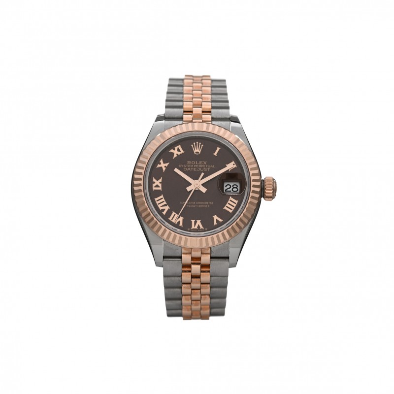 ROLEX STAINLESS STEEL 18K EVEROSE GOLD 28MM OYSTER PERPETUAL DATEJUST WATCH CHOCOLATE ROMAN 279171