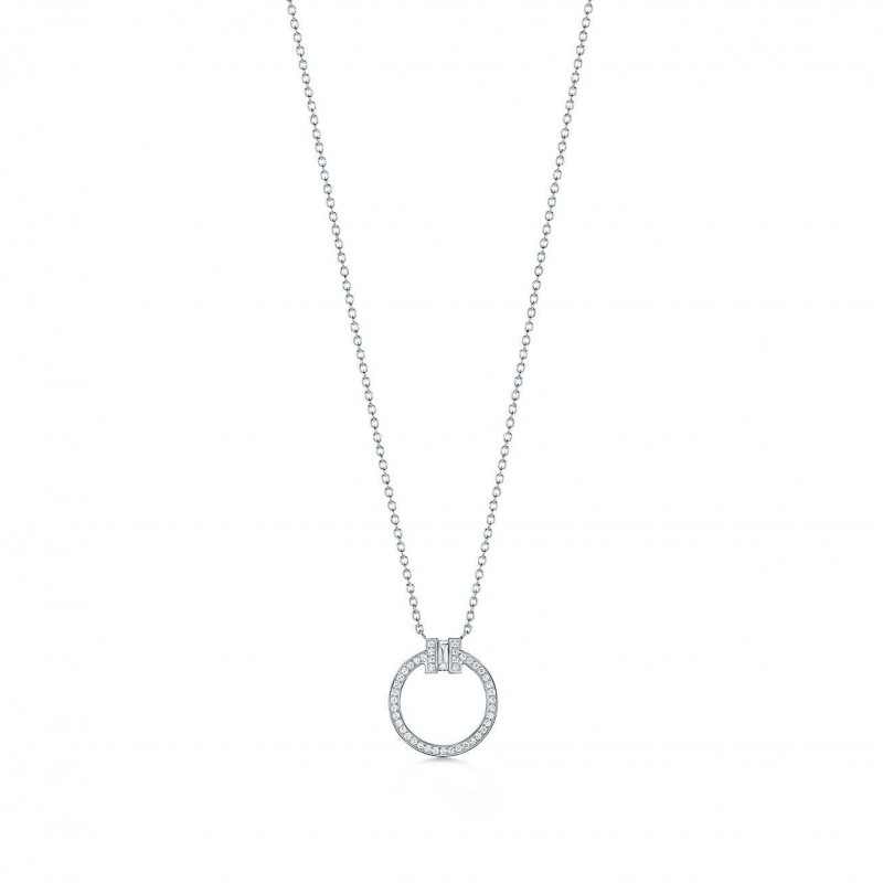 Tiffany T Diamond Pendant in 18k White Gold with a Baguette Diamond