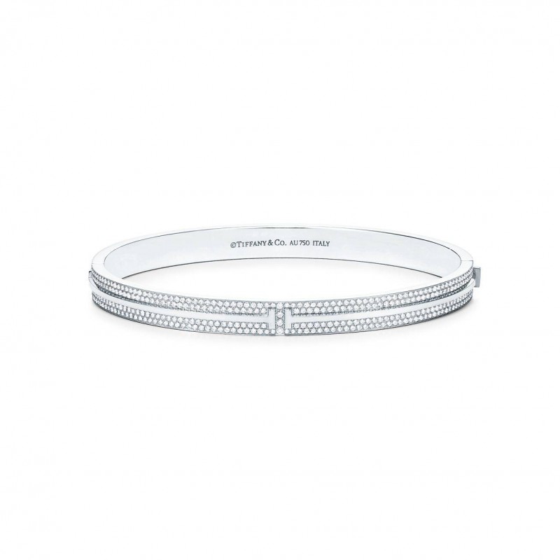 Tiffany T Pavé Diamond Hinged Bangle in 18k White Gold