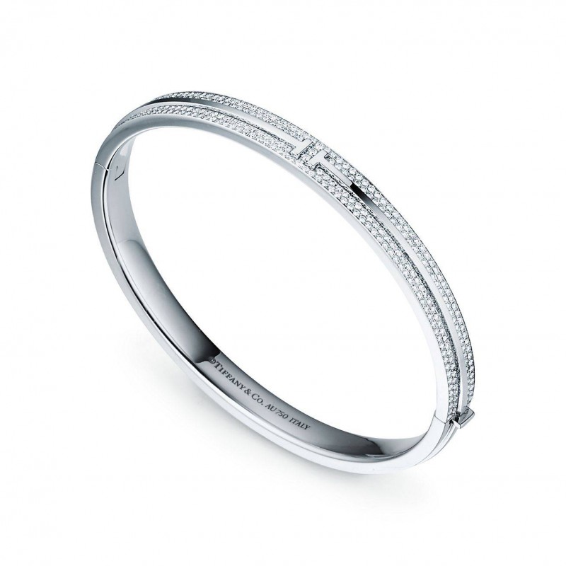 Tiffany T Pavé Diamond Hinged Bangle in 18k White Gold