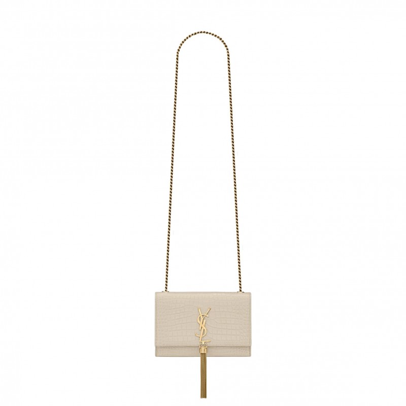 YSL KATE SMALL CHAIN BAG WITH TASSEL IN CROCODILE-EMBOSSED SHINY LEATHER 474366DND0J9207 (20*12.5*5cm)