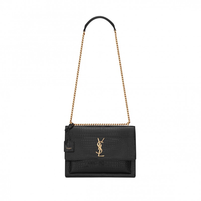 YSL SUNSET LARGE CHAIN BAG IN CROCODILE-EMBOSSED SHINY LEATHER 498779DND0J1000 (27*18*8cm)