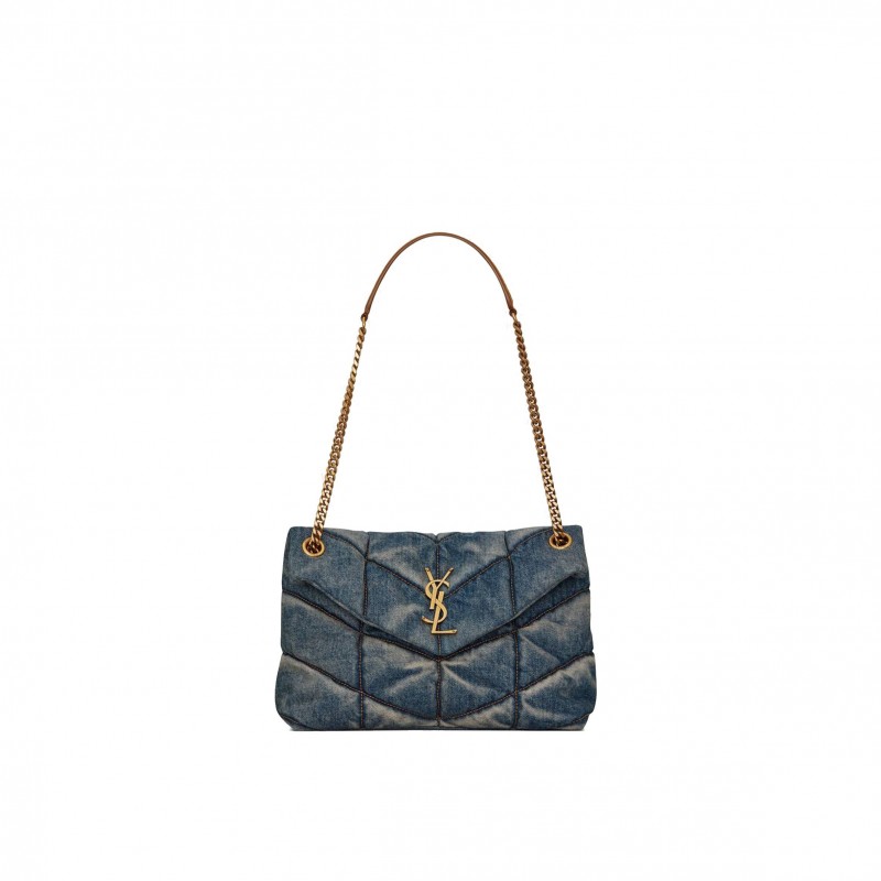 YSL PUFFER SMALL CHAIN BAG IN QUILTED VINTAGE DENIM AND SUEDE 5774762PT674575 (29*17*11cm)