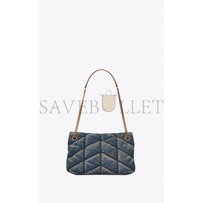 YSL PUFFER SMALL CHAIN BAG IN QUILTED VINTAGE DENIM AND SUEDE 5774762PT674575 (29*17*11cm)