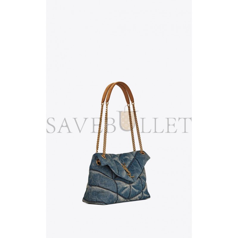 YSL PUFFER SMALL CHAIN BAG IN QUILTED VINTAGE DENIM AND SUEDE 5774762PT674575 (29*17*11cm)