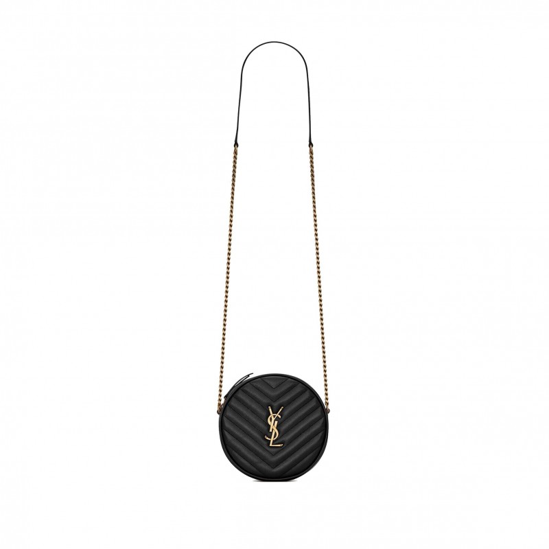 YSL VINYLE ROUND CAMERA BAG IN CHEVRON-QUILTED GRAIN DE POUDRE EMBOSSED LEATHER 6104361GF071000 (17*17*5.5cm)