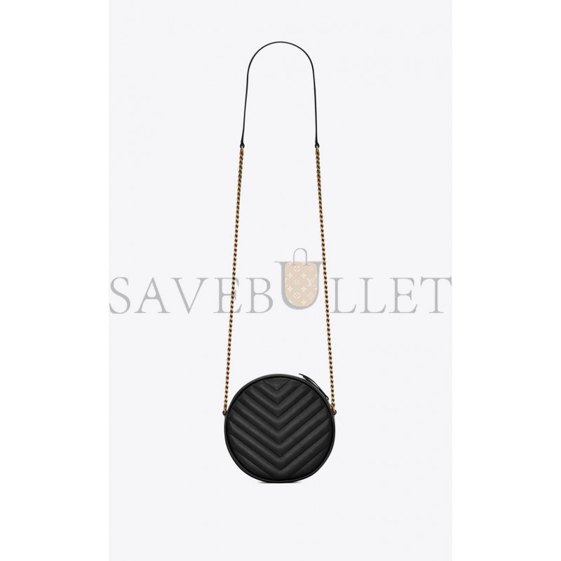 YSL VINYLE ROUND CAMERA BAG IN CHEVRON-QUILTED GRAIN DE POUDRE EMBOSSED LEATHER 6104361GF071000 (17*17*5.5cm)