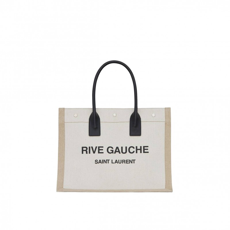 YSL RIVE GAUCHE SMALL TOTE BAG IN LINEN AND LEATHER 617481FAABR9054 (39*31*18cm)