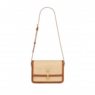 YSL SOLFERINO MEDIUM SATCHEL IN RAFFIA AND VEGETABLE-TANNED LEATHER 634305FAA7D9783 (23*16*6cm)