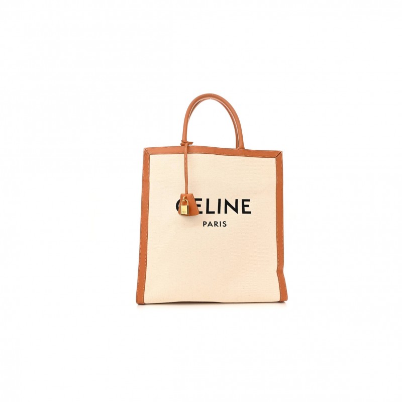 CELINE CANVAS CALFSKIN LOGO PRINT VERTICAL CABAS NATURAL TAN (39*36*9cm)