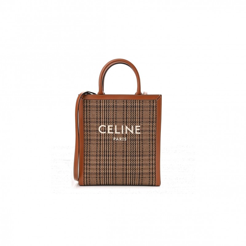 CELINE CALFSKIN TWEED SMALL VERTICAL CABAS DARK BROWN (31*28*8cm)