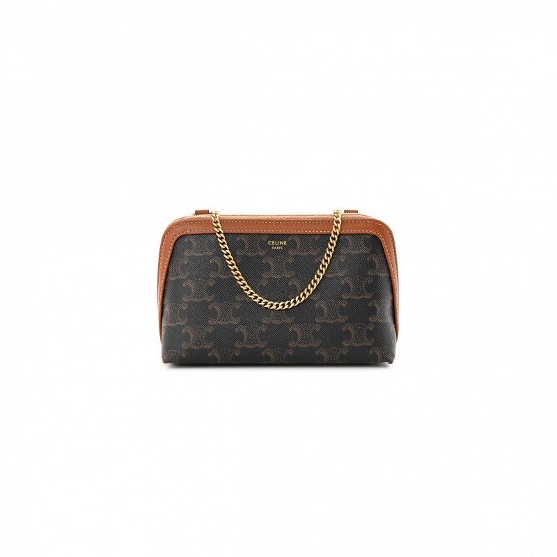 CELINE TRIOMPHE CANVAS CALFSKIN MINI CLUTCH ON CHAIN TAN (17*11*9cm)