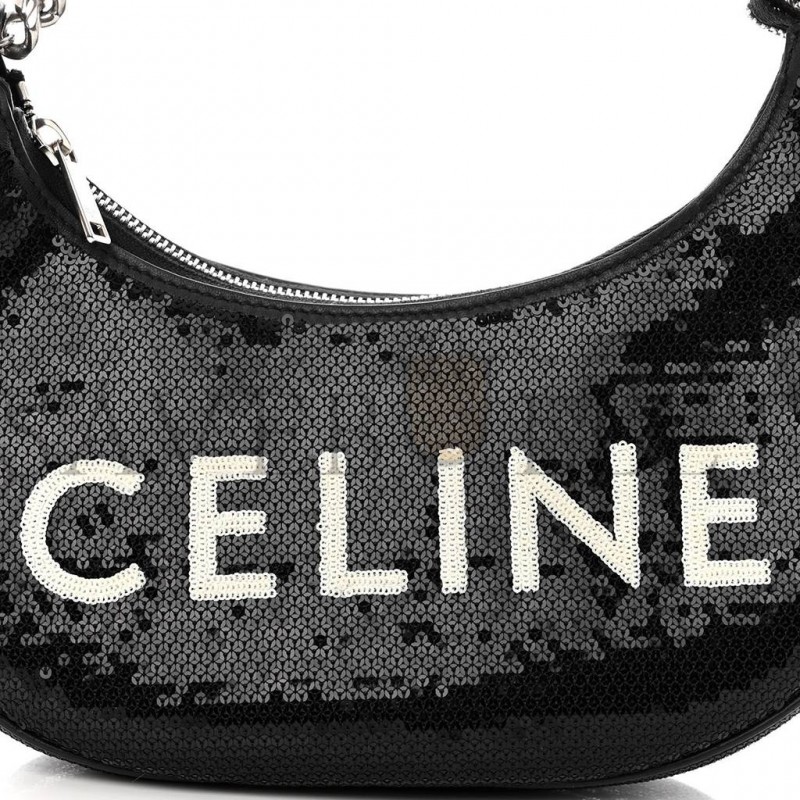 CELINE SEQUIN MEDIUM CHAIN AVA SHOULDER BAG BLACK (25*20*8cm)