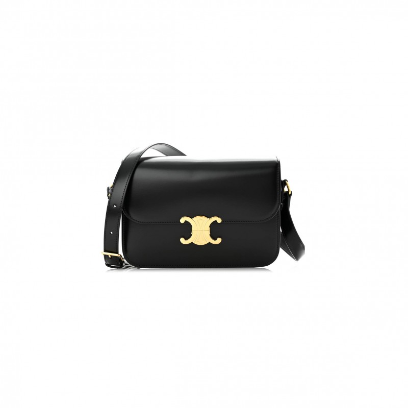 CELINE SHINY CALFSKIN MEDIUM TRIOMPHE BLACK (22*16*8cm)