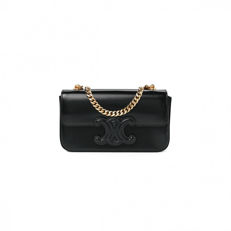 CELINE SHINY CALFSKIN CUIR TRIOMPHE CHAIN SHOULDER BAG BLACK (20*11*4cm)