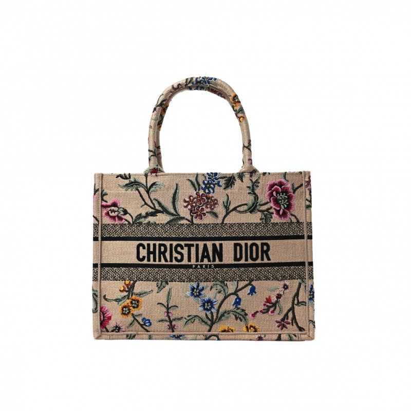 DIOR RAFFIA EMBROIDERED PETITES FLEURS MEDIUM BOOK TOTE NATURAL (36*28*16.5cm)