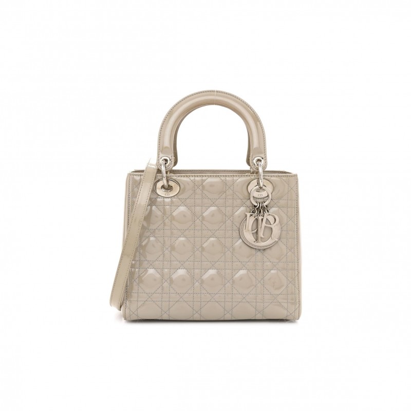 DIOR PEARLIZED PATENT CANNAGE MEDIUM LADY DIOR GREY (23*20*11.4cm)