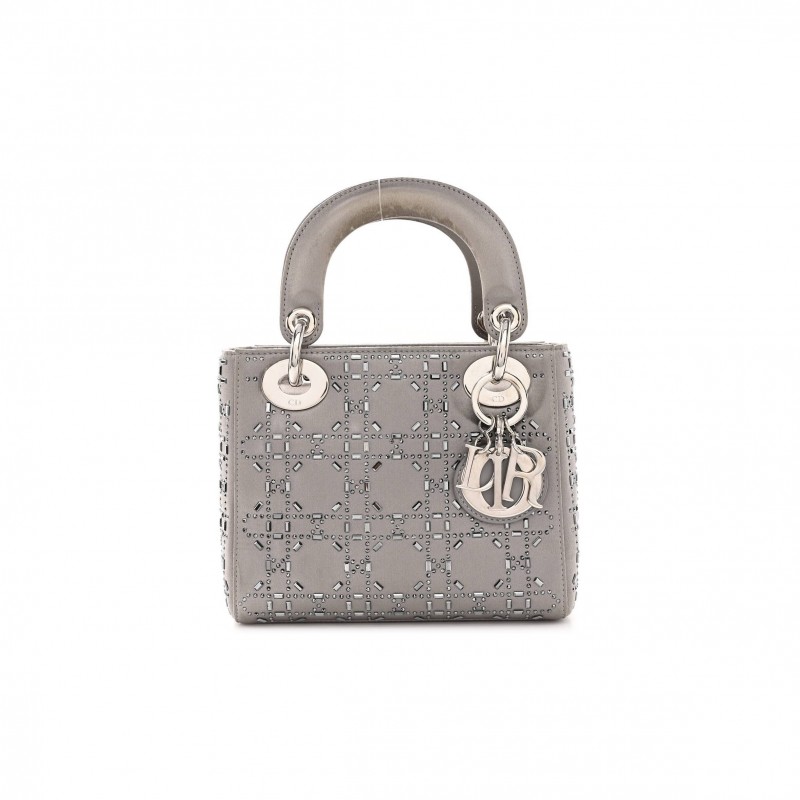 DIOR SATIN CRYSTAL CANNAGE MINI LADY DIOR GRAY (17*15*7cm)