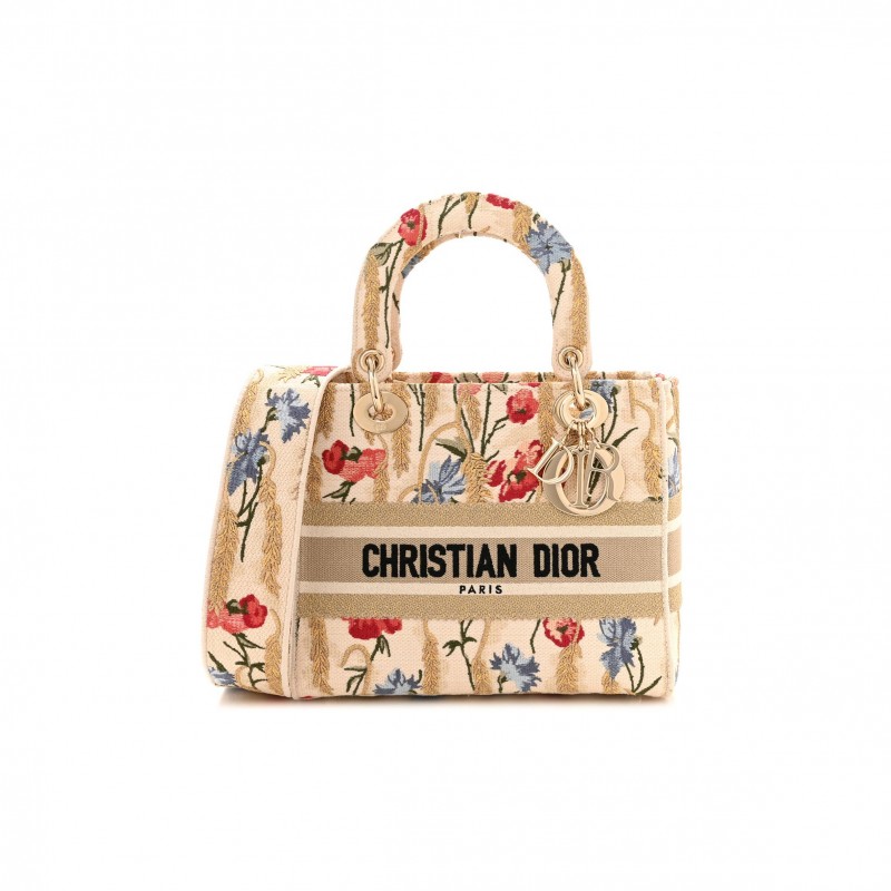 DIOR CANVAS EMBROIDERED HIBISCUS PRINTED MEDIUM LADY D-LITE BEIGE MULTICOLOR (23*20*11.4cm)