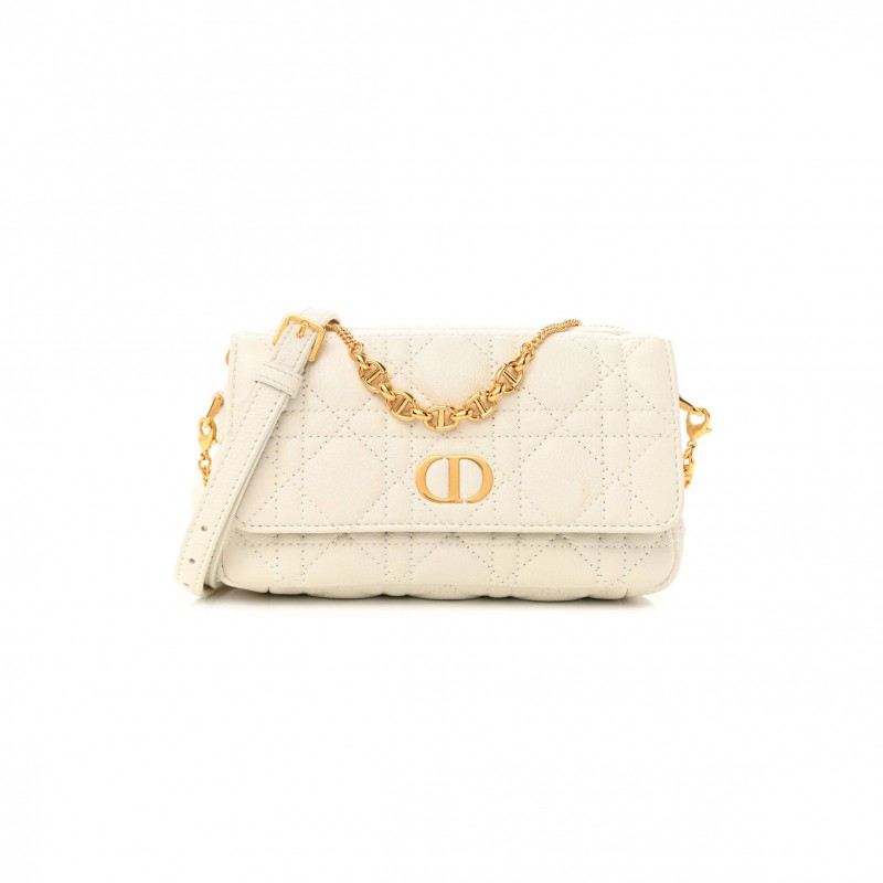 DIOR SUPPLE CALFSKIN CANNAGE CARO POUCH WITH CHAIN LATTE (18*10*6.4cm)