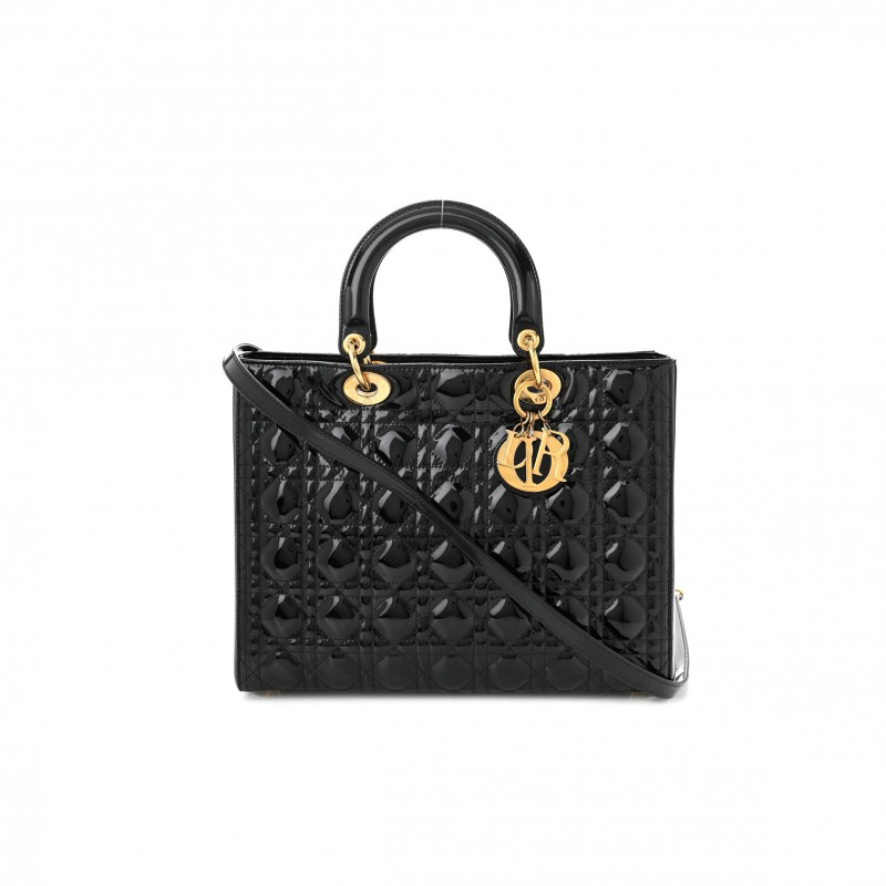 DIOR PATENT CANNAGE LARGE LADY DIOR BLACK (32*25*12.1cm) 