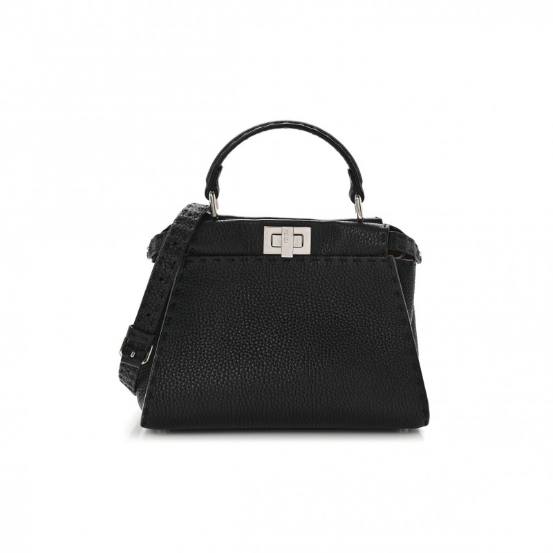 FENDI CUOIO ROMANO SELLERIA BI-COLOR MINI PEEKABOO ICONIC SATCHEL BLACK MOU (23*18*11cm)