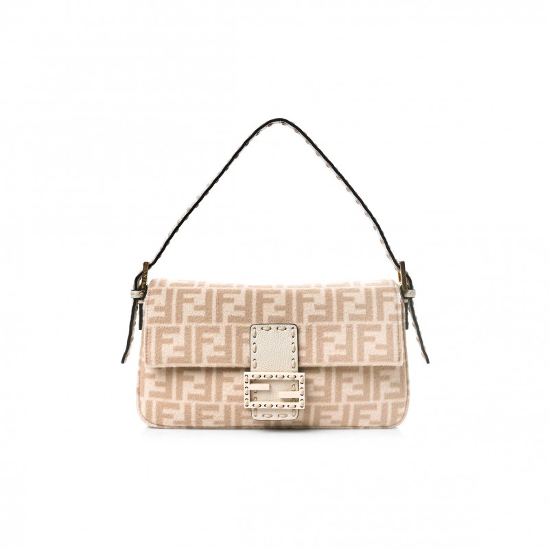 FENDI WOOL CUOIO ROMANO SELLERIA FF 1974 BAGUETTE 1997 BEIGE CAMMELLO CAMELIA (27*15*4cm)