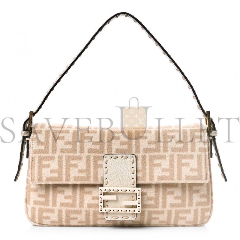 FENDI WOOL CUOIO ROMANO SELLERIA FF 1974 BAGUETTE 1997 BEIGE CAMMELLO CAMELIA (27*15*4cm)