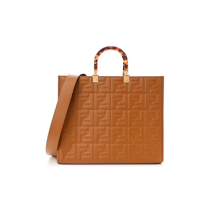 FENDI VITELLO PLEXIGLASS FF EMBOSSED MEDIUM FENDI SUNSHINE SHOPPER TOTE CARAMELLO (35*31*17cm)