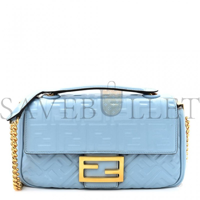 FENDI NAPPA SMALL FF EMBOSSED MIDI CHAIN BAGUETTE AZZURRO BABY (32*26*10cm)