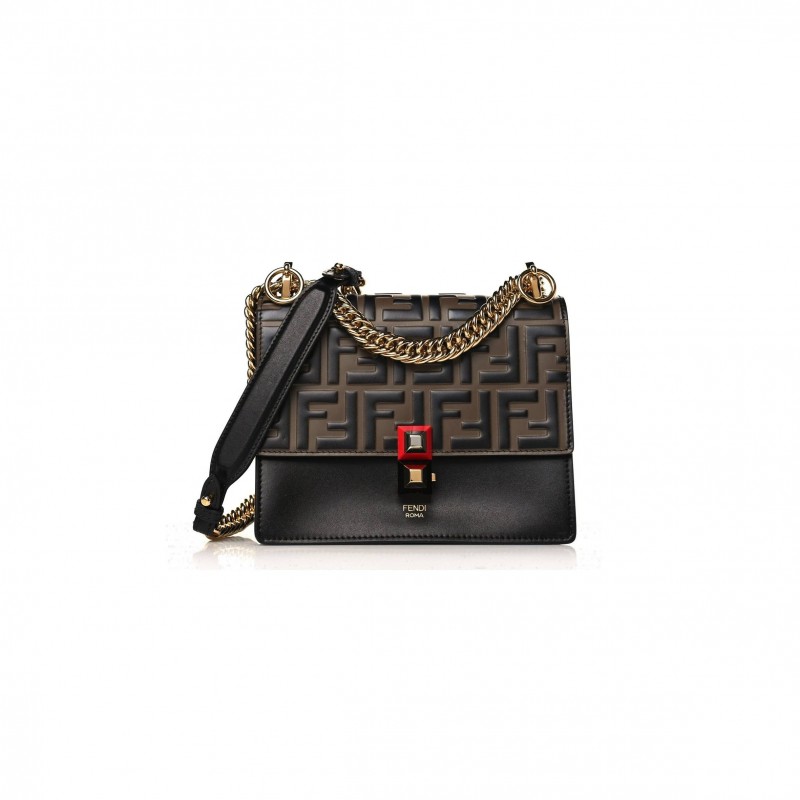 FENDI VITELLO LIBERTY BI-COLOR FF 1974 EMBOSSED SMALL KAN I SHOULDER BAG BLACK MAYA (19*16*9cm)