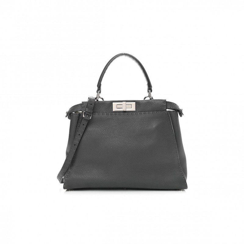 FENDI CUOIO ROMANO SELLERIA BI-COLOR MEDIUM PEEKABOO ICONIC SATCHEL ASFALTO LATTE (34*25*10cm)