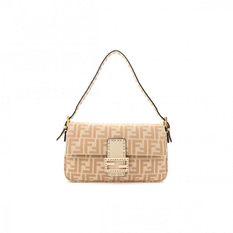 FENDI WOOL CUOIO ROMANO SELLERIA FF 1974 BAGUETTE 1997 BEIGE CAMMELLO CAMELIA (27*14*4cm)