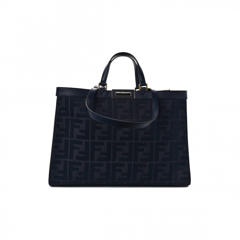 FENDI CANVAS VITELLO KING FF EMBROIDERED MEDIUM PEEKABOO X-TOTE BLUE (41*29*15cm)