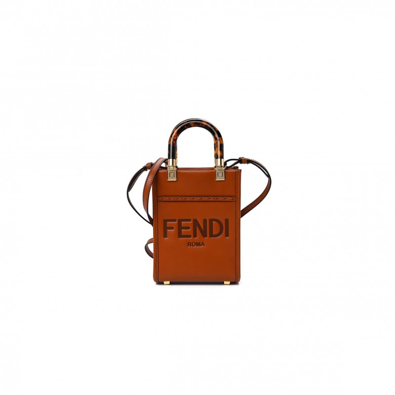 FENDI VITELLO KING PLEXIGLASS MINI FENDI SUNSHINE SHOPPER TOTE CUOIO (18*13*6cm)