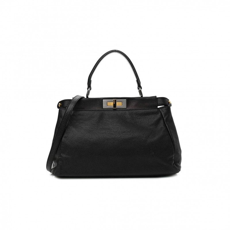 FENDI GOATSKIN ZUCCA MEDIUM PEEKABOO ICONIC SATCHEL BLACK TOBACCO (34*22*11cm)