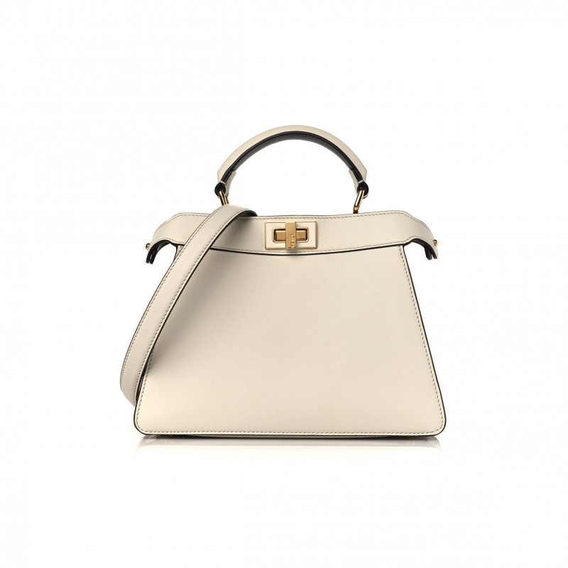 FENDI VITELLO SETA NAPPA PLEXIGLASS BI-COLOR PEEKABOO I SEE U SATCHEL WHITE ICE SAND (20*15*9cm)