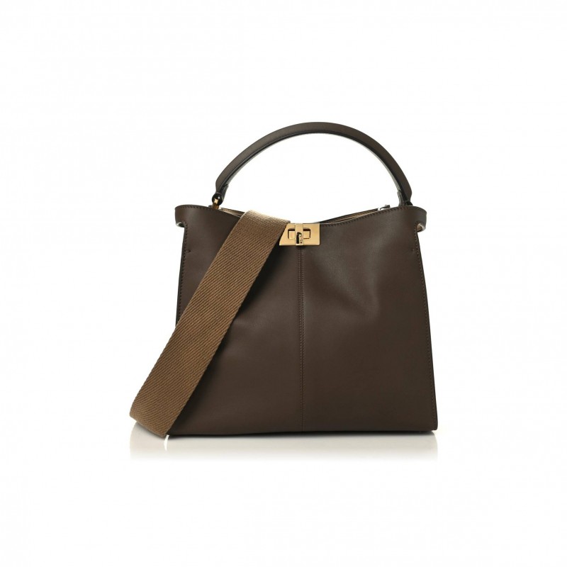 FENDI VITELLO SETA GLAZED FABRIC FF 1974 MEDIUM PEEKABOO X-LITE MAYA MOGANO PANNA (30*25*15cm)