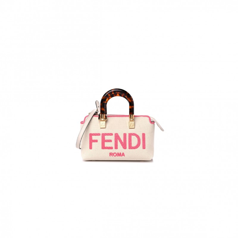 FENDI CANVAS PLEXIGLASS LOGO EMBROIDERED MINI BY THE WAY TOP HANDLE BOSTON BAG GREZZO PINK DALIA (18*11*8cm)