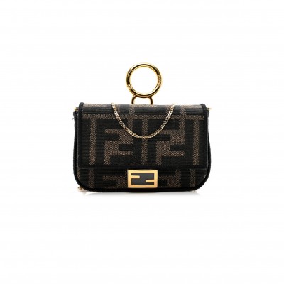 FENDI FABRIC JACQUARD FF 1974 NANO BAGUETTE CHARM TOBACCO MORO BLACK (10*6*3cm)