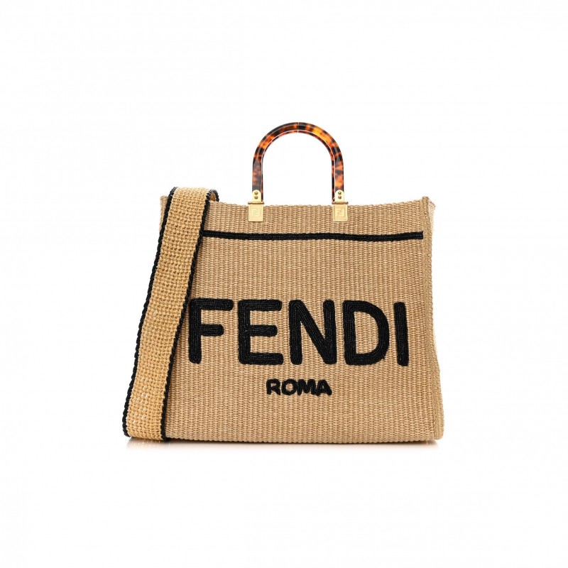 FENDI STRAW VITELLO KING PLEXIGLASS WOVEN MEDIUM FENDI SUNSHINE SHOPPER TOTE NATURAL BLACK (36*32*17cm)