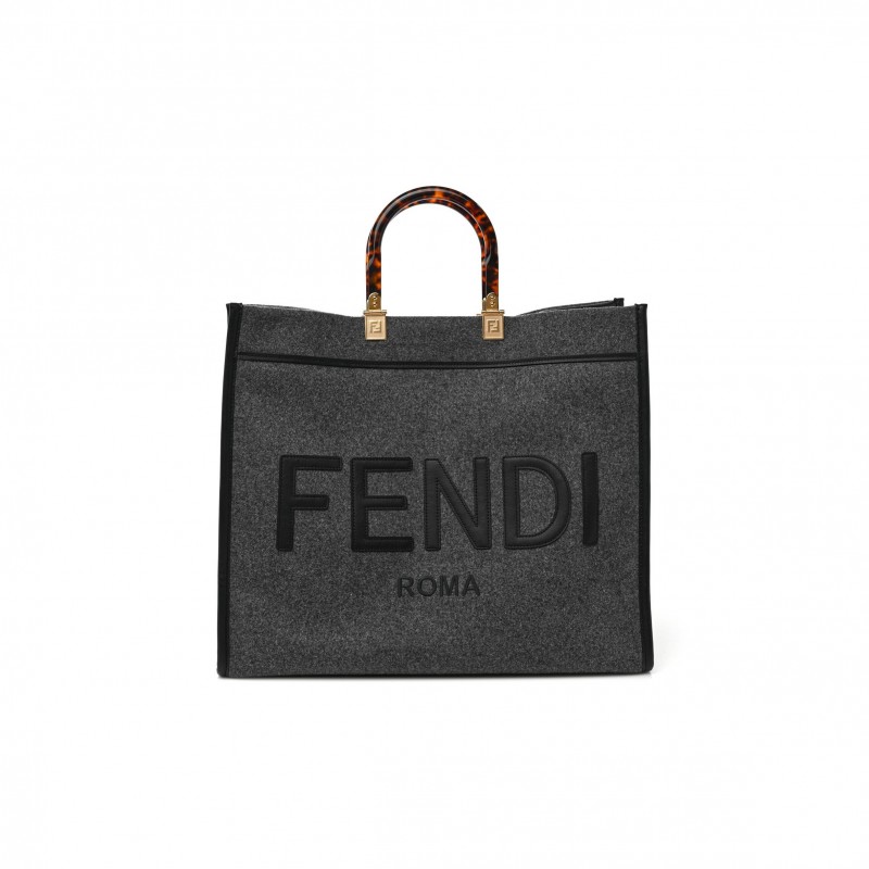 FENDI MELANGE FLANNEL PLEXIGLASS SATIN LOGO EMBROIDERED THREADED EDGE MEDIUM FENDI SUNSHINE SHOPPER TOTE GRIGIO BLACK (40*34*20cm)