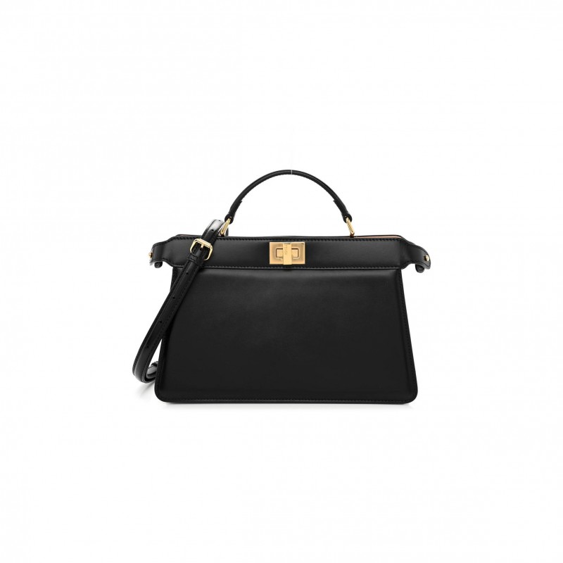 FENDI VITELLO KING LUXOR SHINY NAPPA MEDIUM PEEKABOO I SEE U EAST WEST SATCHEL BLACK LIGHT ROSE (29*18*11cm)