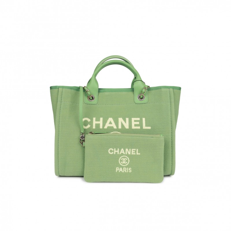 CHANEL SMALL DEAUVILLE SHOPPING BAG GREEN BOUCLE LIGHT GOLD HARDWARE (34*27*15cm)