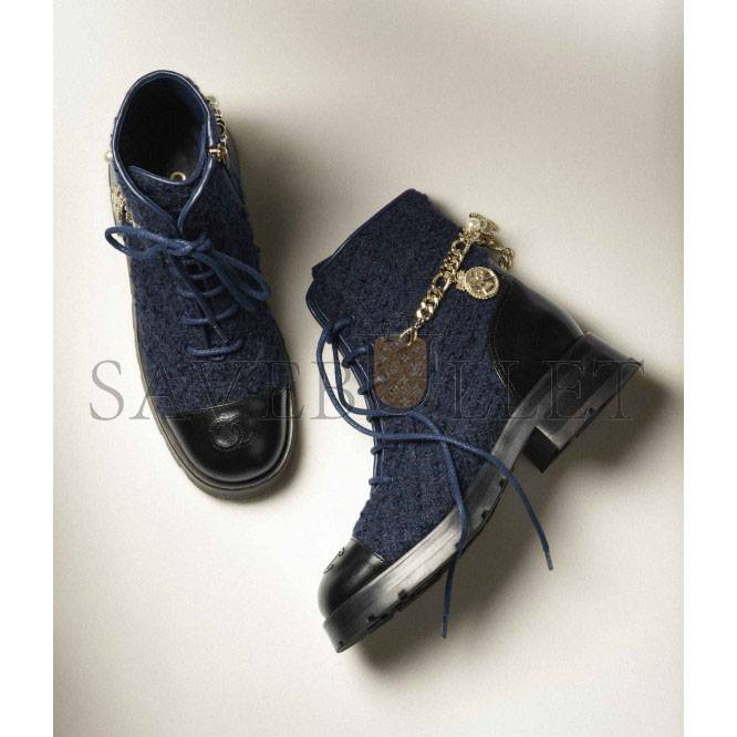 CHANEL LACE-UPS 		WOOL TWEED, CALFSKIN & METAL			NAVY BLUE & BLACK G39393 Y56125 K4839